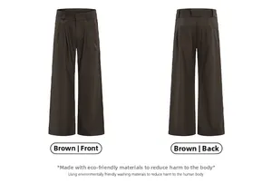 Front and back view of brown high-waisted wide-leg trousers in eco-friendly fabric