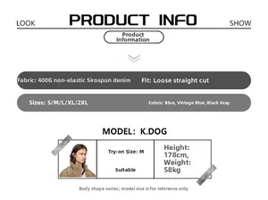 Detailed size chart and model measurements for high-street vintage wide-leg denim shorts
