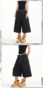 Detail of high street carpenter style denim shorts with white contrast stitching and cargo pockets