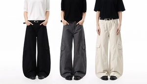 Detailed comparison of baggy cargo pants in black, dark grey, and off-white colors