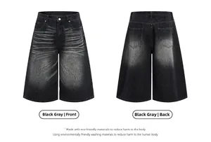 Front and back view of washed grey denim shorts featuring cat-whisker fades and loose fit