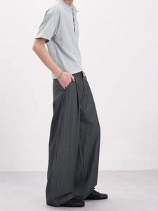Men's retro striped dark grey high waist wide-leg trousers and light grey polo shirt