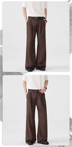 Detailed view of brown wide-leg trousers with vertical pleats and high-drape fabric finish