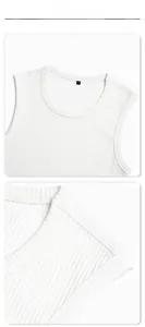 Close-up of white ribbed tank top neck detail with M size label and stitching texture