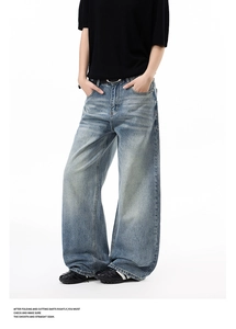 Detail of vintage blue wide-leg jeans with retro washed textures and loose high-street fit