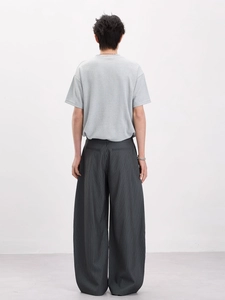 Retro old money style pinstripe trousers and short sleeve grey t-shirt set for men