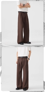 Close-up of pleated details and premium texture on retro brown wide-leg trousers