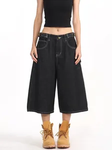 American High Street Black Denim Cargo Shorts For Men Women Loose Straight Fit Carpenter Pants With Contrast Stitching