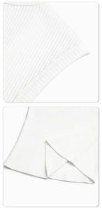 Detail shot of white ribbed knit fabric texture and high-quality flat seam stitching