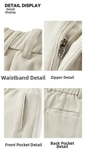 Detailed close-up of beige corduroy pants showing waist, AAK metal zipper, and pockets