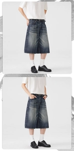 Detail of heavy washed denim shorts featuring vintage whiskers and a wide-leg straight cut