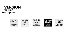 Size chart showing curved cut fit compared to straight and loose style trousers