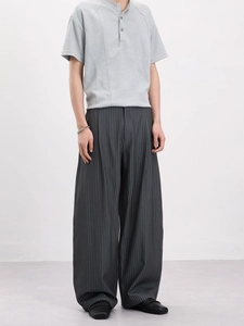 Men's retro striped curved cut trousers in dark grey with a relaxed fit style