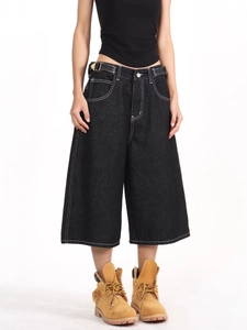 American high street black denim wide-leg carpenter shorts with white contrast stitching