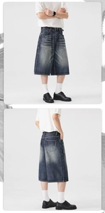 Close-up of vintage wash denim shorts with whisker patterns and wide leg fit