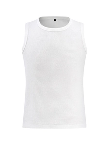 Classic white ribbed knit short tank top with round neck and premium textured fabric