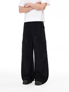 Men's lightweight black cargo pants with loose straight leg and drawstring waist