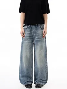 American Retro High Street Loose Wide Leg Jeans For Men Women Washed Blue Whiskers Distressed Denim Straight Cargo Pants
