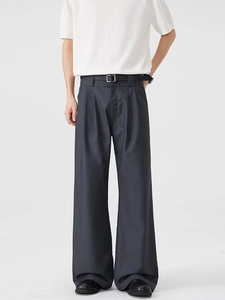 Men's retro pleated wide-leg trousers in deep grey with a premium draped silhouette