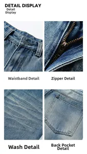 Detail view of denim jeans featuring YKK metal zipper, waist button, and vintage wash finish