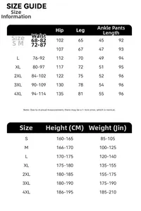 Size chart for straight trousers showing S-4XL dimensions and height recommendations