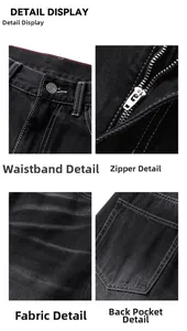 Détails du jean noir avec surpiqûres contrastées blanches et finitions en métal