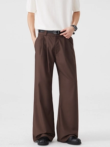 Men's retro brown wide-leg trousers with pleated front and smooth draped fabric