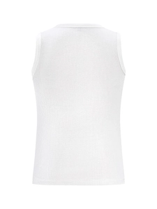 White ribbed sleeveless round neck t-shirt with vertical texture in a relaxed back view