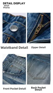 Detail display of YKK zipper, metal button and orange stitching on blue denim jeans