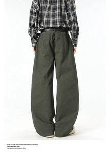 Rear view of olive green cargo pants showing wide-leg silhouette and back pockets