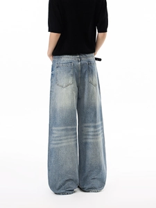 American retro wide-leg denim jeans with vintage whiskering and baggy fit for men and women