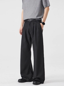 Classic men's black wide-leg trousers with elegant drape and pleated waist design