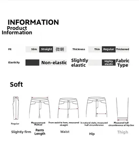 Guide des tailles pour jeans droits bleus montrant mesures et spécifications du tissu
