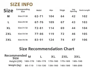 Detailed size chart for white lyocell ice silk casual pants including waist and length