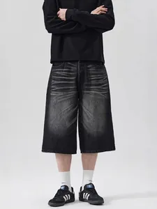 Men Women Streetwear Baggy Denim Shorts Distressed Hand Painted Whiskers Retro Washed Jorts Over The Knee Seven Point Pants
