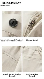 Detail display of Lyocell pants featuring a copper zipper, black button and side pockets