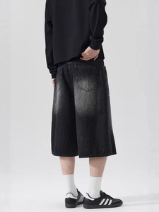 Men's washed black denim culottes with high street style and rear pocket detail