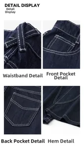 Détails macro du jean bleu foncé montrant les coutures, poches et la taille