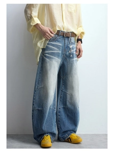 Detail of vintage washed wide-leg jeans with contrast stitching and whiskers