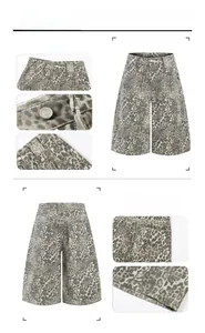 Dettagli dei pantaloncini in denim leopardato con vita, tasche e chiusura a bottone