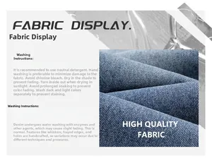 Detail view of premium blue denim fabric with washing care instructions for cargo jeans