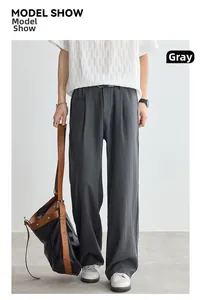 Detail shot of men's gray wide-leg lyocell trousers with smooth textured fabric