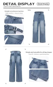 Macro detail of washed blue cargo jeans featuring utility pockets and adjustable waist buckles