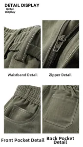 Dettagli dei pantaloni verde militare con vita, zip, tasche anteriori e posteriori