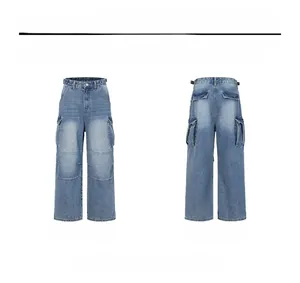 Detail view showing front and back design of vintage blue wide-leg cargo jeans with pockets