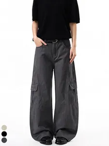 Men High Street Multi Pocket Cargo Pants Patchwork Wide Leg Straight Casual Loose Trousers Streetwear Fashion Pants