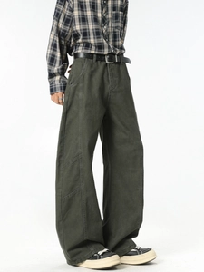 Olive green high street cargo pants for men with vintage wide leg and side pockets