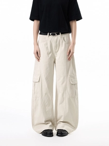 Men's high-street beige wide-leg cargo pants with patchwork multi-pocket design
