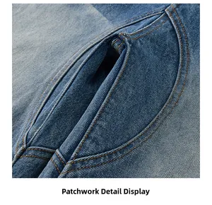 Detail showing patchwork denim fabric with orange contrast stitching and pocket construction