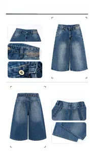 Detail of high-density blue denim shorts with vintage wash and leather brand tag